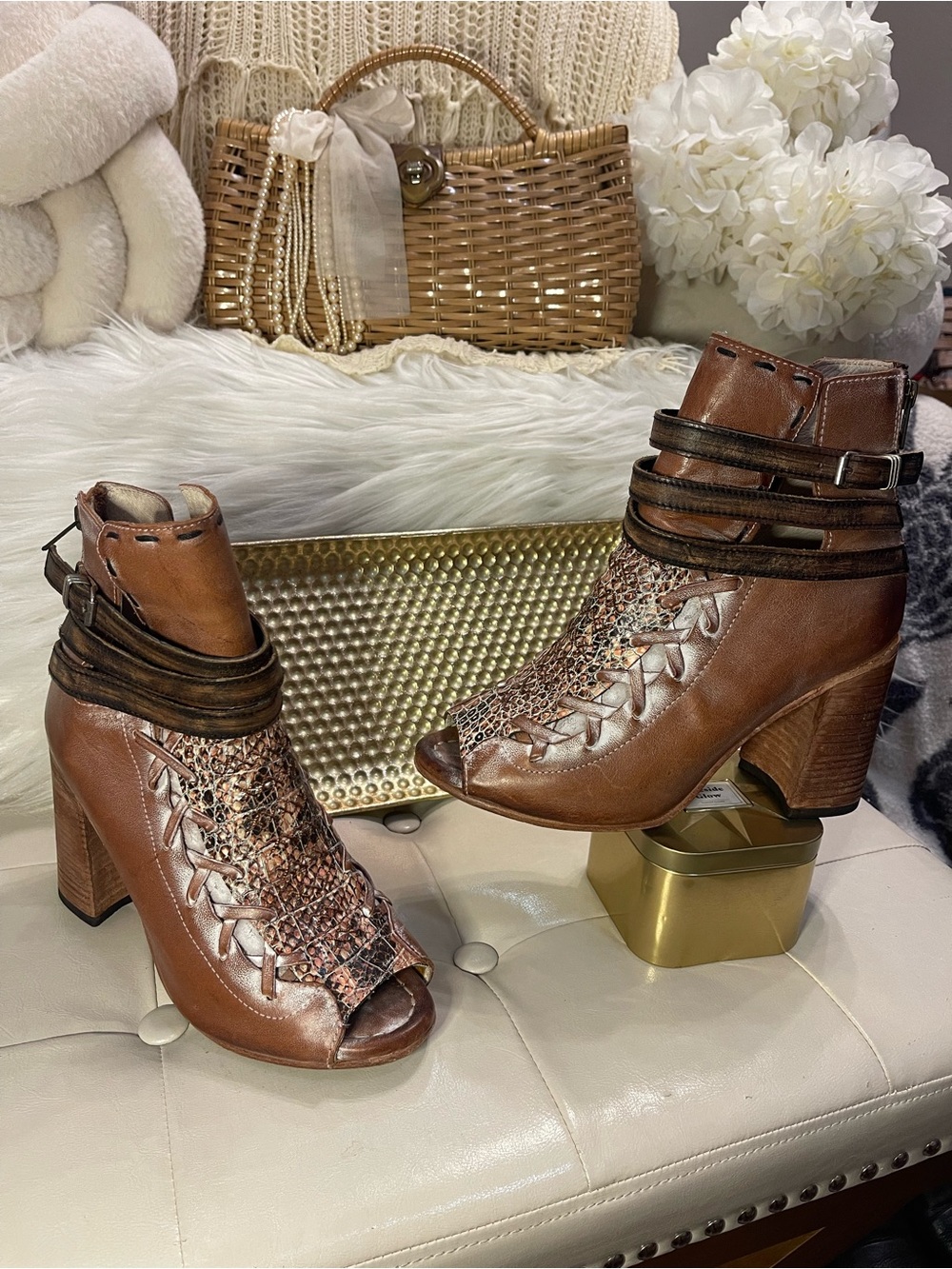 Freebird by Steven “Eagle” Peep Toe Leather Booties in Brown/Tan Multi Snake